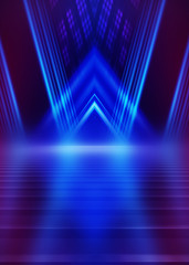 Abstract dark background with blue and pink neon glow. Neon luminous figure in the center of the...