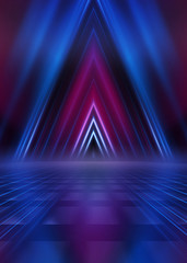 Abstract dark background with blue and pink neon glow. Neon luminous figure in the center of the stage. Light lines on a dark background, smoke, smog