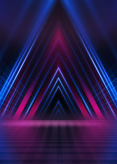 Abstract dark background with blue and pink neon glow. Neon luminous figure in the center of the...