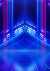 Abstract dark background with blue and pink neon glow. Neon luminous figure in the center of the...