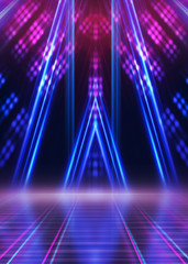 Abstract dark background with blue and pink neon glow. Neon luminous figure in the center of the...