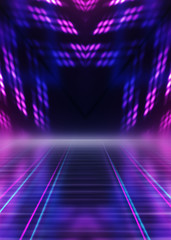 Abstract dark background with blue and pink neon glow. Neon luminous figure in the center of the...