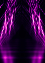 Abstract dark background with purple neon glow. Neon luminous figure in the center of the stage. Light lines on a dark background, smoke, smog