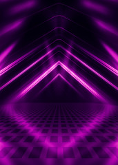 Abstract dark background with purple neon glow. Neon luminous figure in the center of the stage....