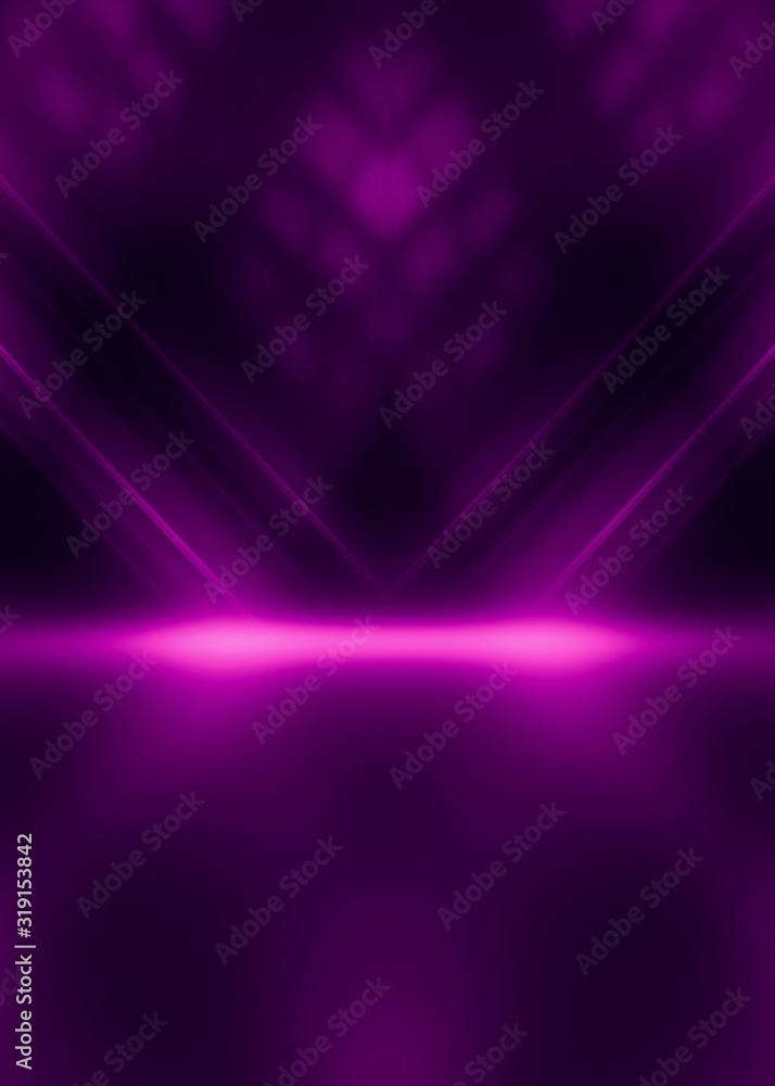 Poster abstract dark background with purple neon glow. neon luminous figure in the center of the stage. lig