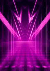 Abstract dark background with purple neon glow. Neon luminous figure in the center of the stage....
