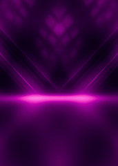 Abstract dark background with purple neon glow. Neon luminous figure in the center of the stage....