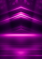 Abstract dark background with purple neon glow. Neon luminous figure in the center of the stage. Light lines on a dark background, smoke, smog