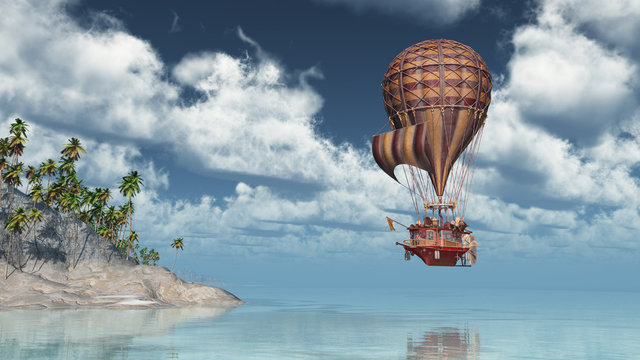 Fantasie Heißluftballon über einer Insellandschaft