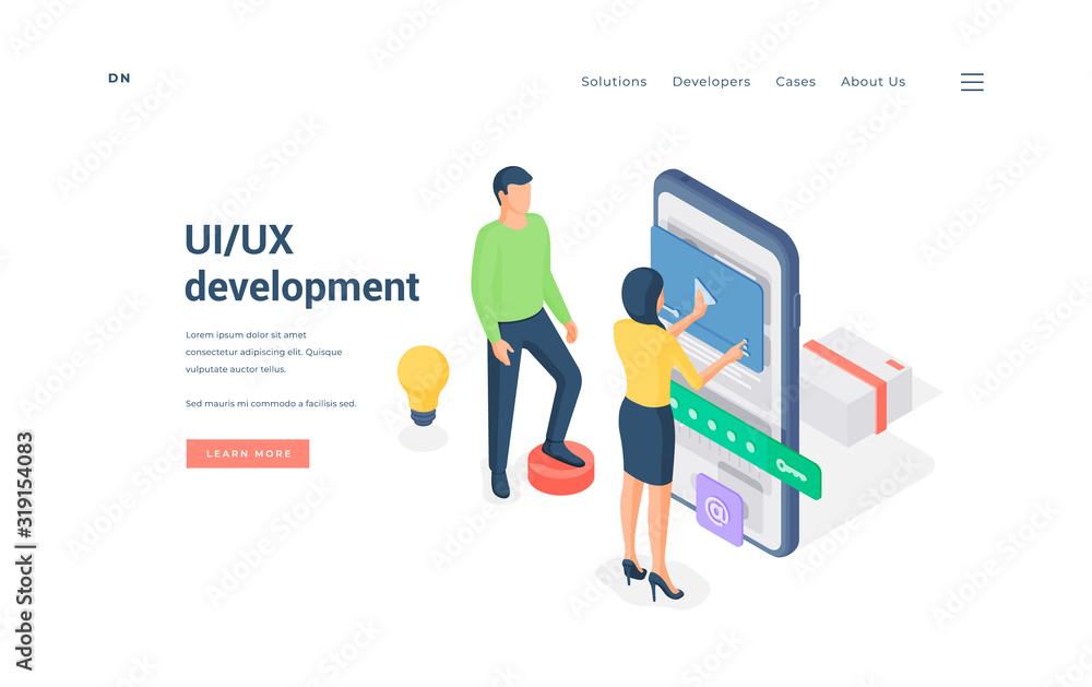 Poster programmers developing app ui together. isometric vector illustration