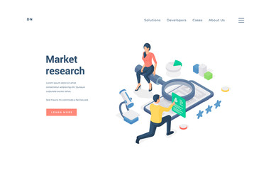 Man and woman researching online market. Isometric vector illustration