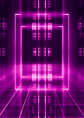 Abstract dark background with purple neon glow. Neon luminous figure in the center of the stage. Light lines on a dark background, smoke, smog