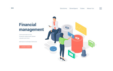 Financial managers working with data. Isometric vector illustration