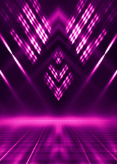 Abstract dark background with purple neon glow. Neon luminous figure in the center of the stage....