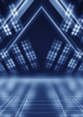 Abstract dark background with blue neon glow. Neon luminous figure in the center of the stage....