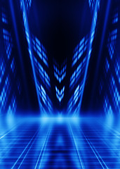 Abstract dark background with blue neon glow. Neon luminous figure in the center of the stage....