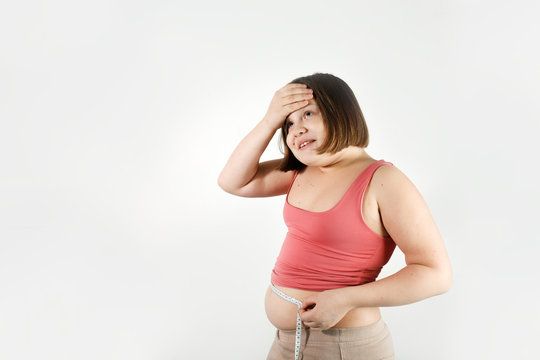 fat chubby kid girl with centimeter tape, white