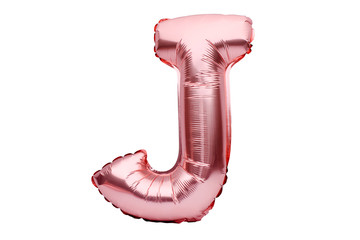 Letter J made of rose golden inflatable helium balloon isolated on white. Gold pink foil balloon font part of full alphabet set of upper case letters.