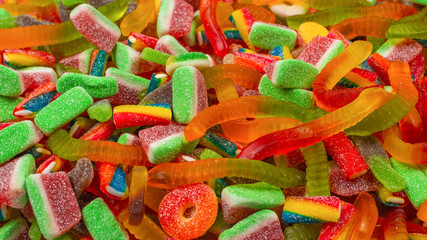 Assorted gummy candies. Top view. Jelly  sweets background.