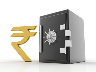 Rupee currency with locker. 3D rendering illustration