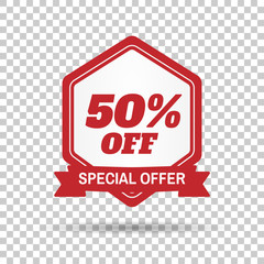 Special offer sale red tag. This is the concept of the price list for discounts, of an advertising campaign, advertising marketing sales, a 50% off discount, a unique offer. Vector illustration.