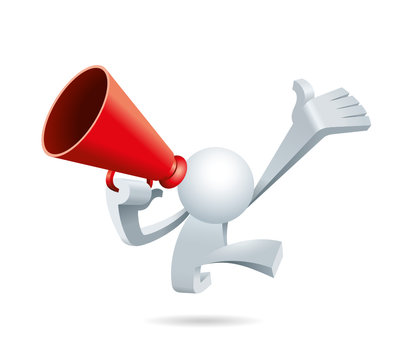Cute little white Simplified man jump and shout with a megaphone