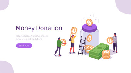 People Characters Donate Money for Charity. Volunteers Collecting and Putting Coins And Banknotes in Donation Jar. Financial Support and Fundraising Concept. Flat Isometric Vector Illustration.