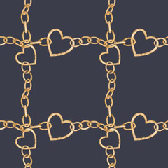 Fototapeta na wymiar Seamless pattern with a golden heart shape hanging on chain. Endless background for Valentine's day.