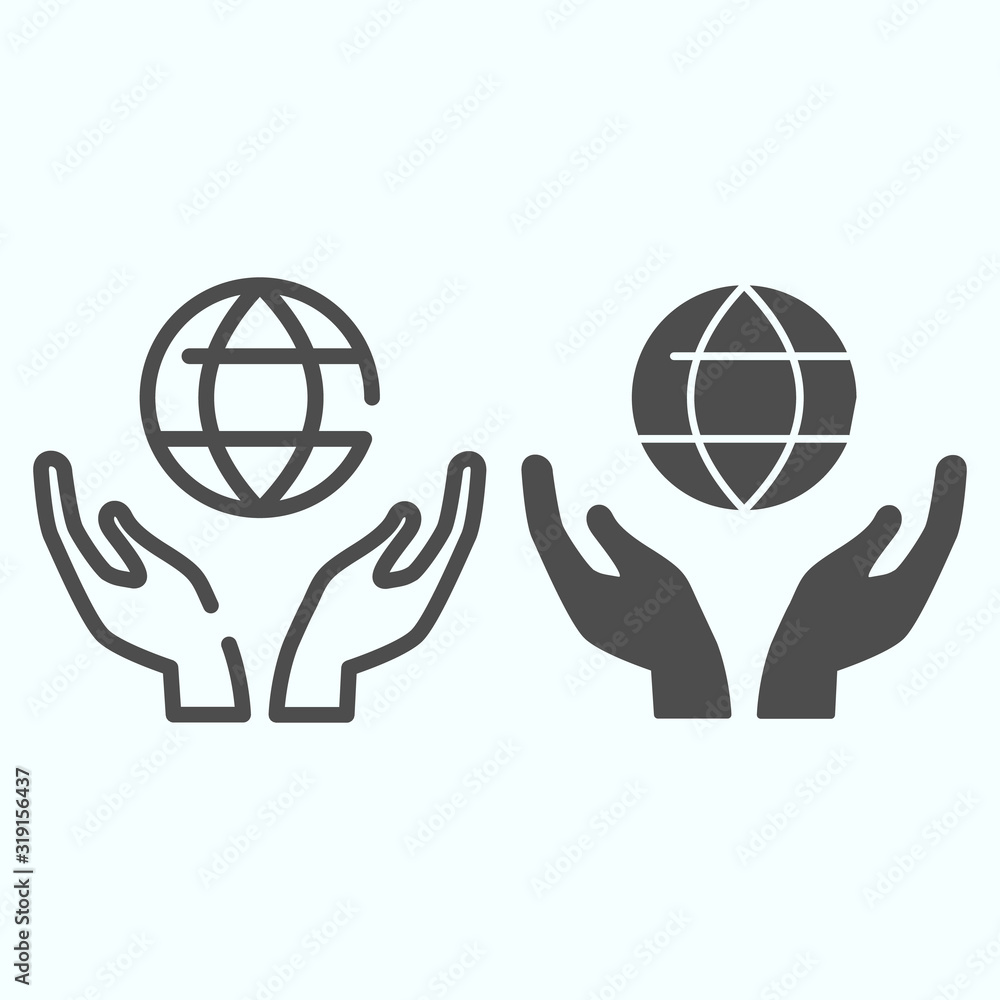 Poster earth in hands line and solid icon. globe in two hands vector illustration isolated on white. hands 