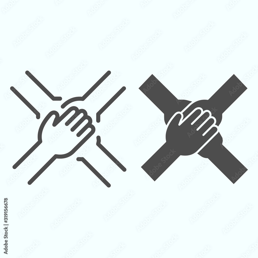 Poster team arms line and solid icon. teamwork vector illustration isolated on white. four hands support ea
