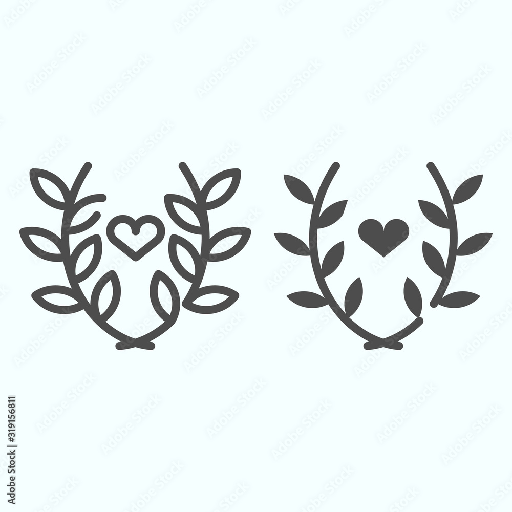 Aufkleber heart in olive branches line and solid icon. heart in sprout vector illustration isolated on white. 