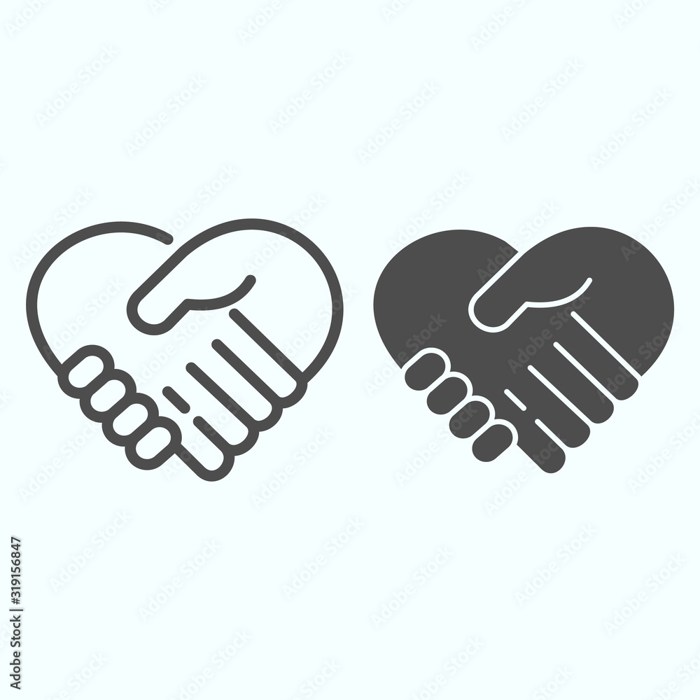 Poster handshake line and solid icon. one hand supported other vector illustration isolated on white. hands