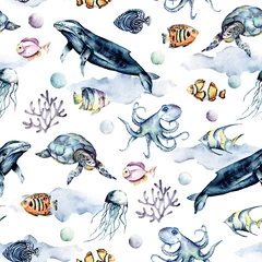 Papier Peint photo Lavable Animaux marins Fond sous-marin de mer transparente, texture marine, motif avec des animaux de l& 39 océan tropical de dessin animé aquarelle. Répétez le papier peint en tissu. Parfaitement pour les textiles pour enfants, le papier d& 39 emballage, la toile de fond.