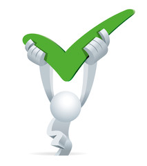 Cute little white Simplified man holding a green yes sign