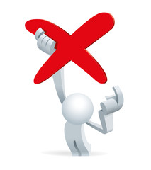 Cute little white Simplified man holding and pointing a red no sign