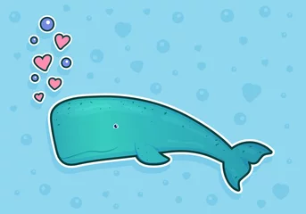 Printed roller blinds Whale Whale sticker on blue background with bubbles and hearts. Ocean fish. Underwater marine wild life. Vector illustration.