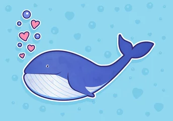 Foto op Plexiglas Walvis sticker op blauwe achtergrond met bubbels en harten. Oceaan vissen. Onderwater mariene wilde leven. Vector illustratie. © vandycandy