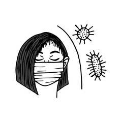 Hand drawn of a young black-haired girl with a medical mask on her face is protected from viruses on a white isolated background. Concept of health and medicine. Coronavirus epidemic in China.