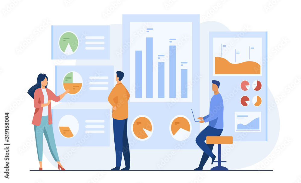 Poster office workers analyzing and researching business data vector illustration. marketing analysts devel