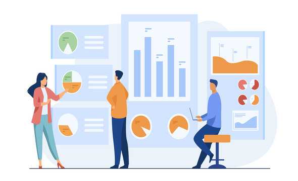 Office Workers Analyzing And Researching Business Data Vector Illustration. Marketing Analysts Developing Strategy. Business People Studying Infographics And Diagrams On Dashboard