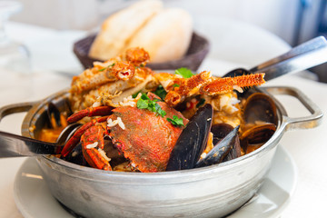 closeup mix seafood soup pot