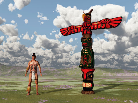 Aztekischer Krieger und Totempfahl