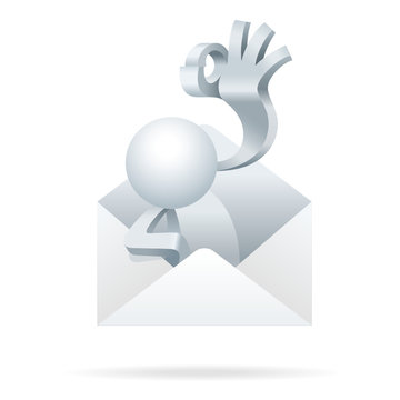 Cute little white Simplified man coming out from a mail and show a okay sign