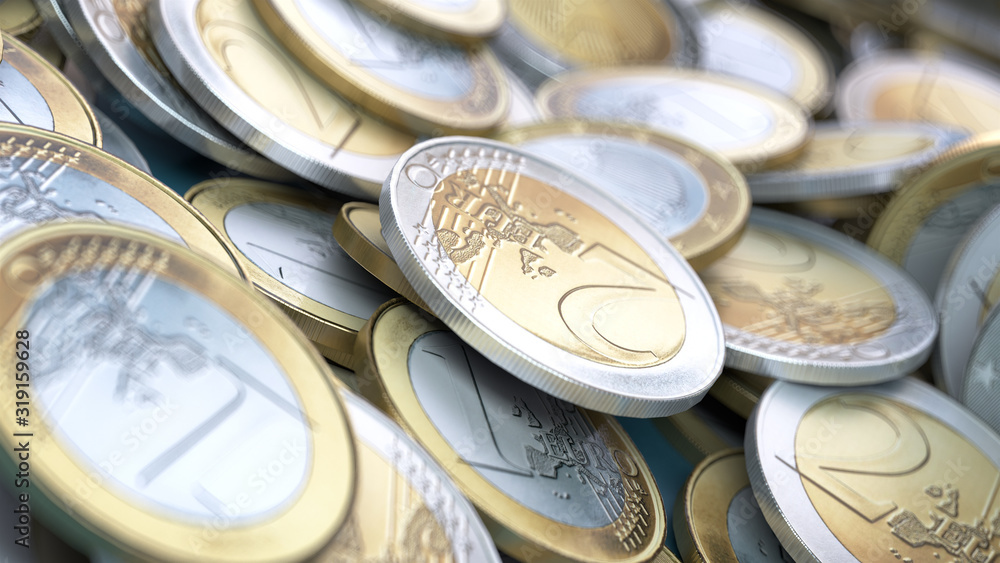 Poster 3d render randomly scattered euro coins on blue background with depth of field. studio light.