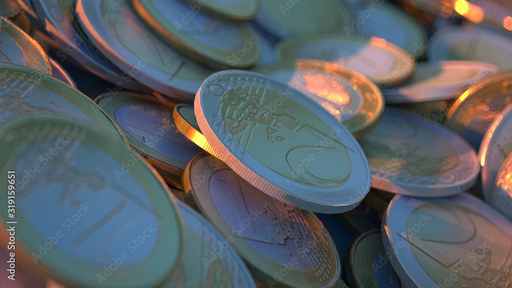 Poster 3d render randomly scattered euro coins on blue background with depth of field. bright sunlight.