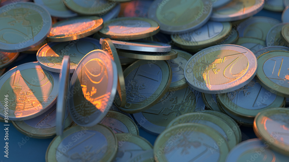 Poster 3d render randomly scattered euro coins on blue background with depth of field. bright sunlight.