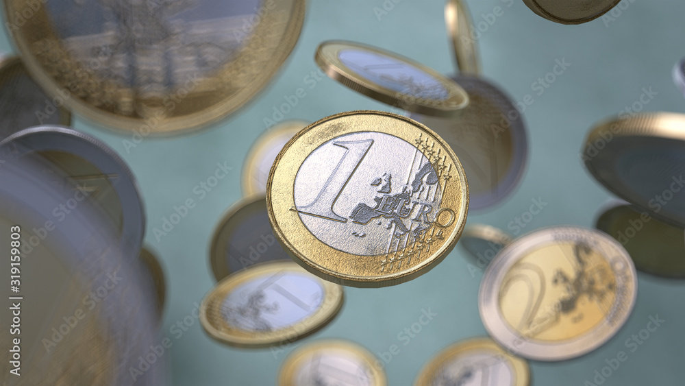 Poster 3d render one euro in focus. flying coins with the depth of field on a green background. studio ligh