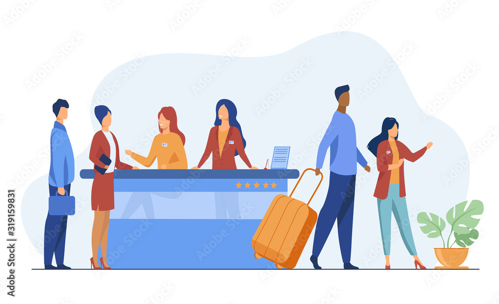 Poster friendly receptionists from hotel registration desk help client vector illustration. people waiting 