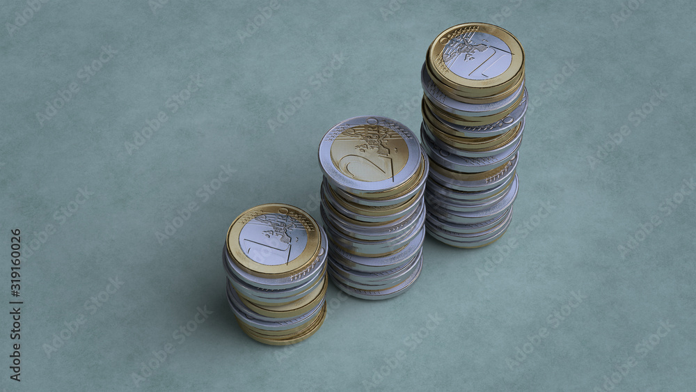 Poster 3d render three columns of euro coins on a green background. studio light.