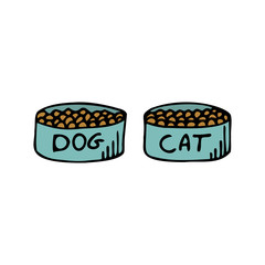 Hand drawn bowls of cat and dog food isolated on a white background. Doodle, simple outline illustration. 